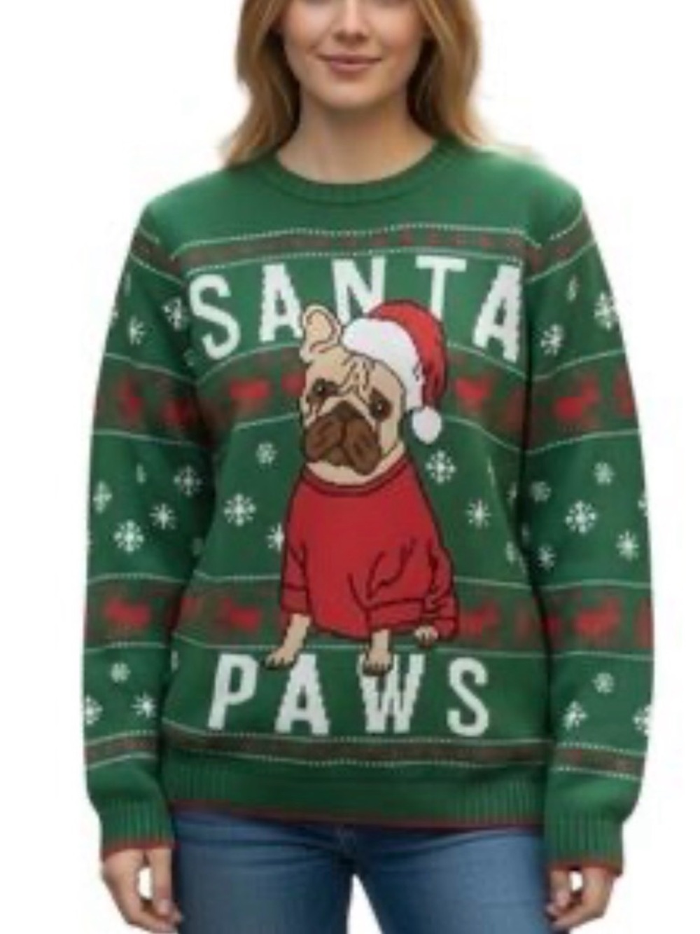 Holiday Time‎ French Bulldog Santa Paws Ugly Christmas Sweater Green XXL